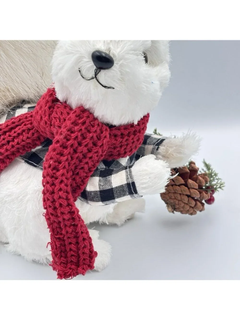 Northlight White Christmas Squirrel Red Scarf Plaid Jacket Pine Cones Bushy 10”